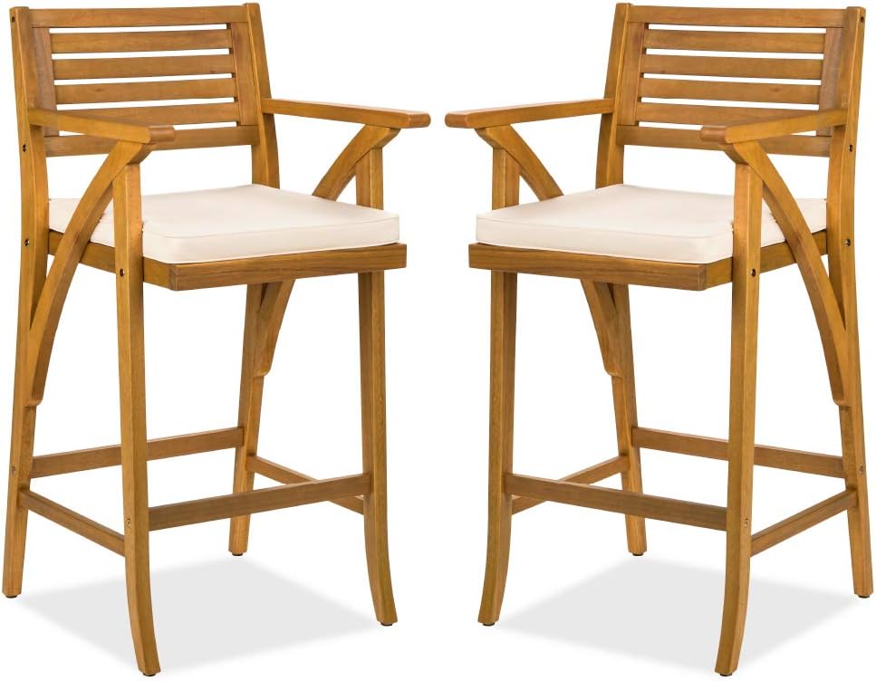 Set of 2 Outdoor Acacia Wood Bar Stools Bar Chairs for Patio, Pool