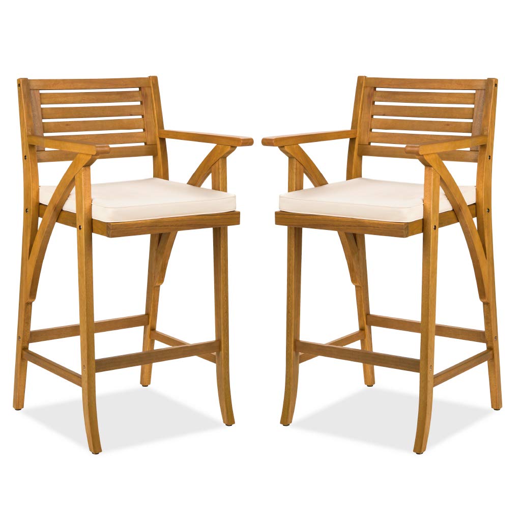 Set of 2 Outdoor Acacia Wood Bar Stools Bar Chairs for Patio, Pool