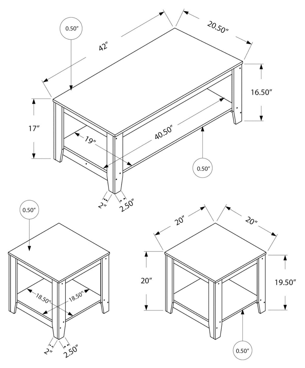 3 Piece Living Room Table Set - Dark Taupe