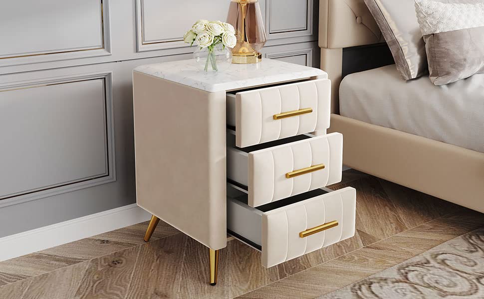 3 Drawers Nightstand with Metal Legs&Handles,Upholstered Nightstand with Faux Marble