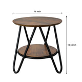 2-Tier Round Side Table, Small End Table with Metal Legs, Industrial Wood Beside Table