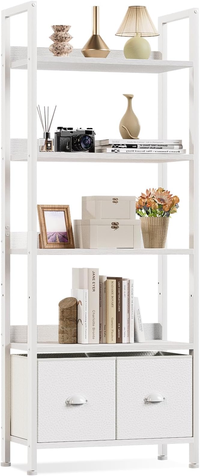 5-Tier Bookshelf, Tall Bookcase with 2 Storage Drawers, Industrial Display Standing Shelf