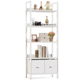 5 Tier Bookshelf with Drawers, White Tall Bookcase with Shelves, Wood and Metal Book Shelf Storage Organizer, Modern Display Free Standing Shelf Unit for Bedroom, Living Room, Office