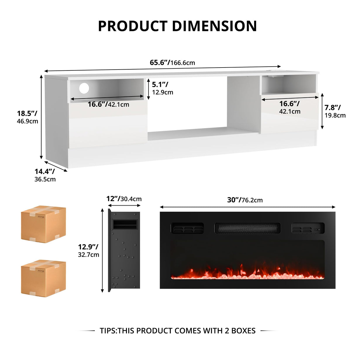 LED High Gloss TV Stand with Electric Fireplace - White