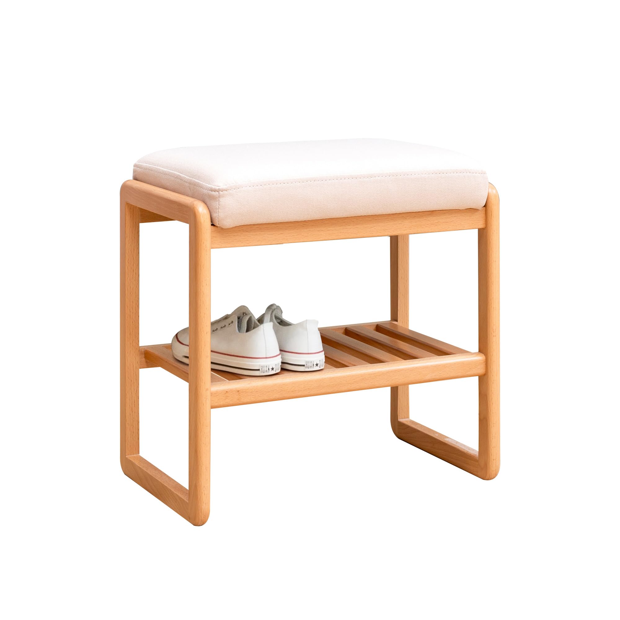 Shoe Bench, Natural Beech Wood Entryway Bench with High Rebound Sponge Cushion and 2 Tier Storage