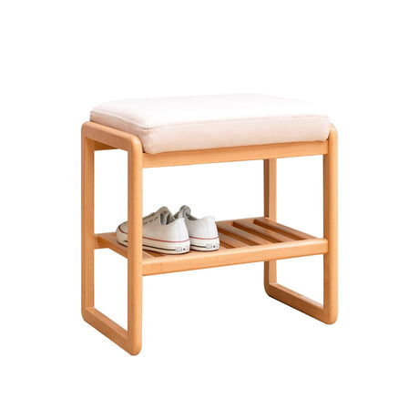 Shoe Bench, Natural Beech Wood Entryway Bench with High Rebound Sponge Cushion and 2 Tier Storage