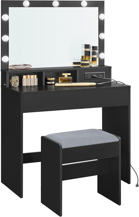 Vanity Desk with Power Outlets, Makeup Vanity with Mirror and Lights, with Upholstered