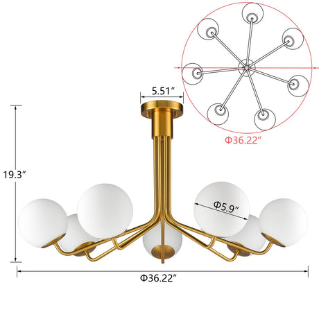 Modern Gold Semi Flush Mount Ceiling Light with White Glass Shade 7-Light Mid Century