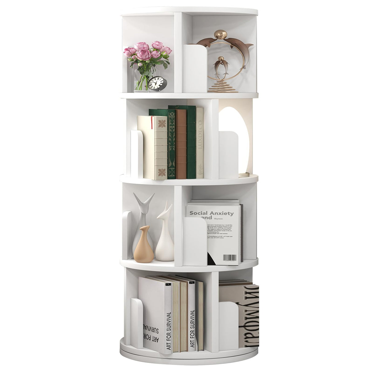 oneinmil 360° Rotating Bookshelf, Small Corner Bookcase with Small Footprint, 4 Tier Standing Bookcase for Kids&Adults, Wood Bookshelf Designed for Living Room, White