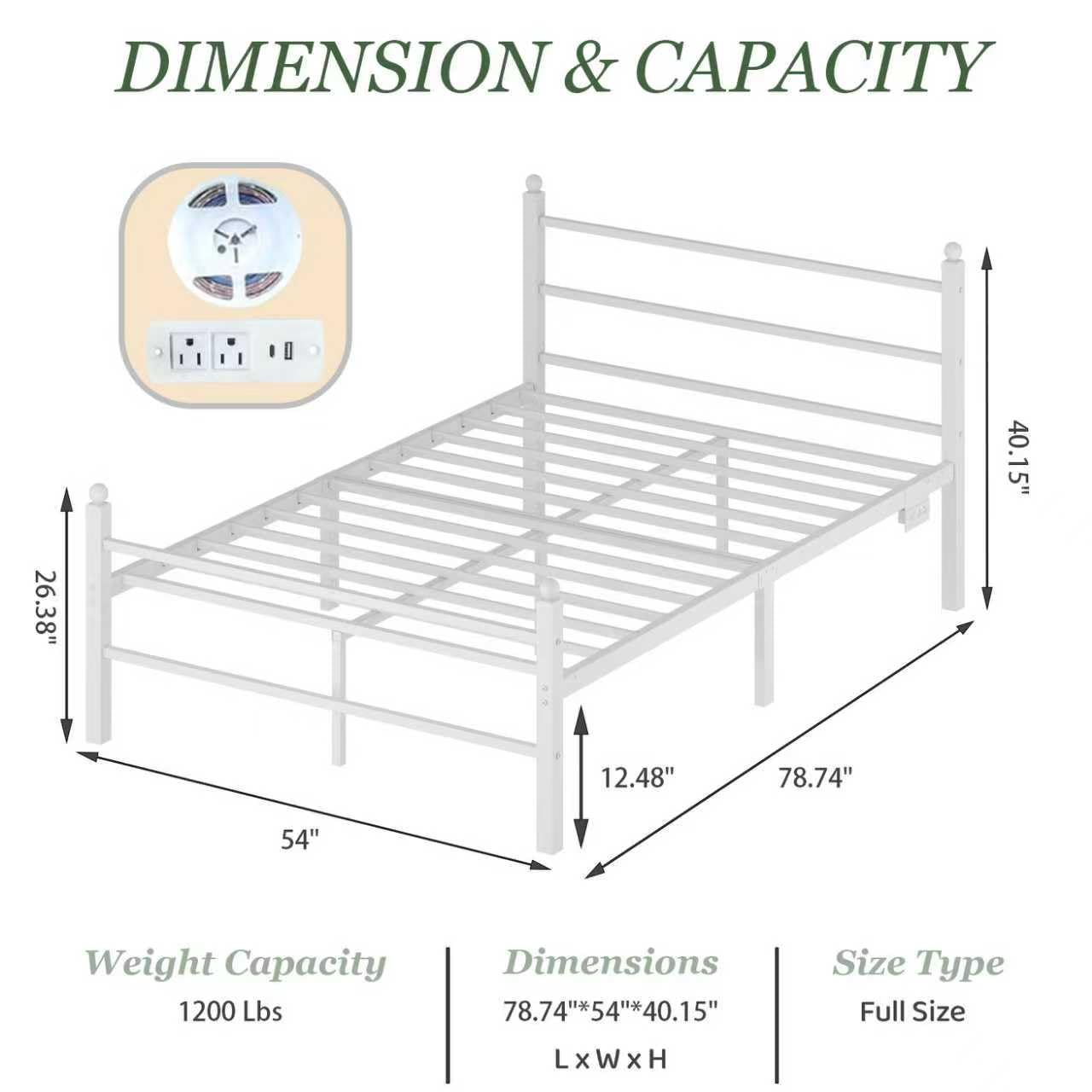 Full Size Metal Bed Frame with LED Lights & Charging Station - White