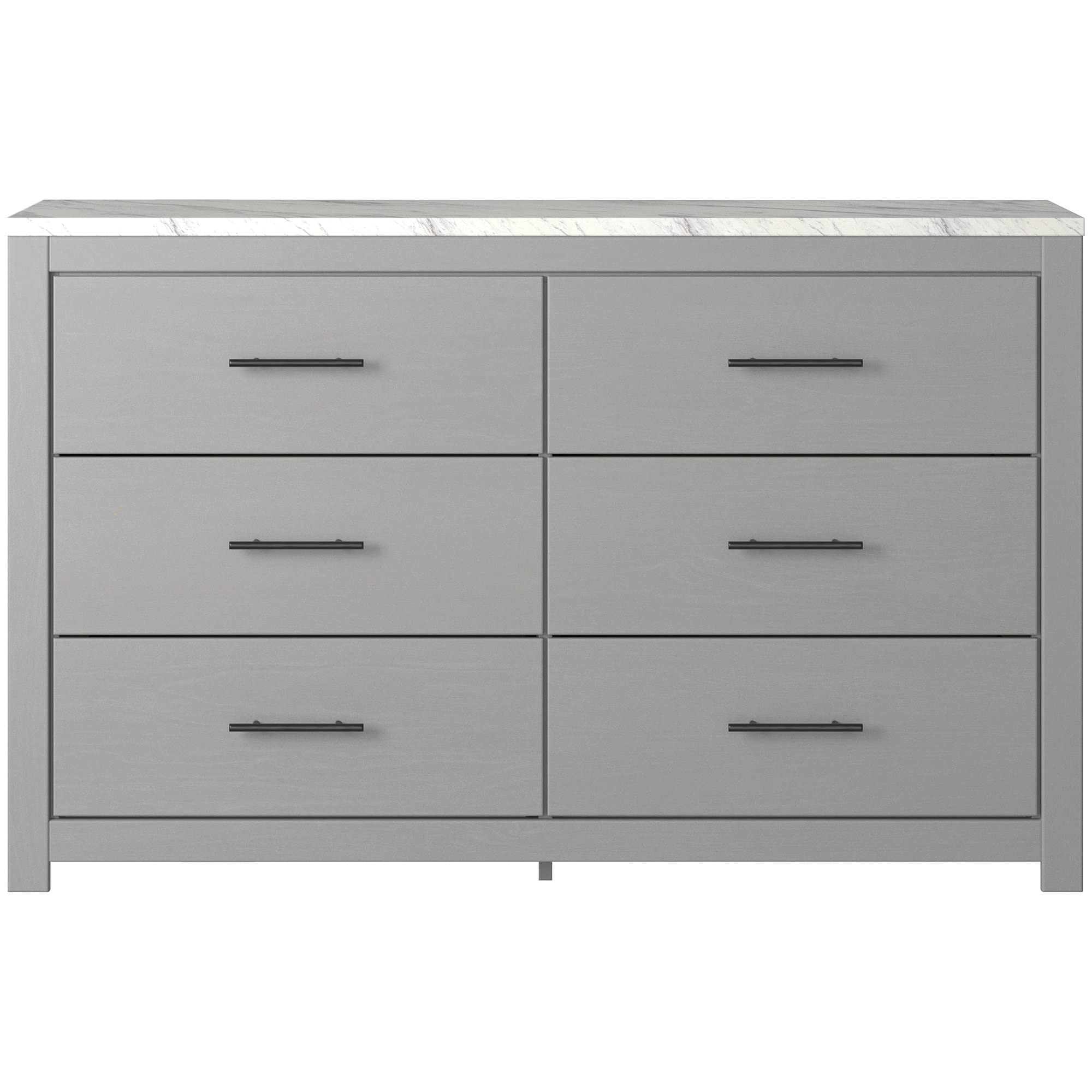 Cottonburg Modern Six Drawer Dresser with Faux Marble Top, Light Gray
