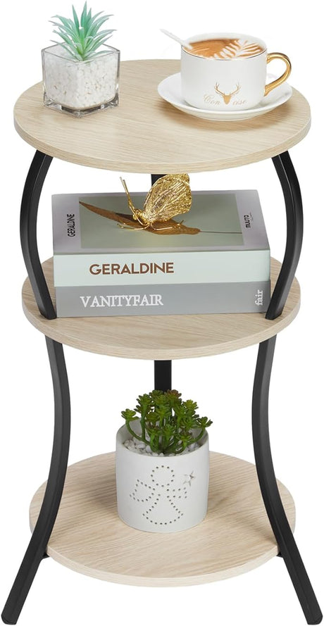 Vintage Round Side Table, 3-Tier Slim Waist End Table with Storage Shelf