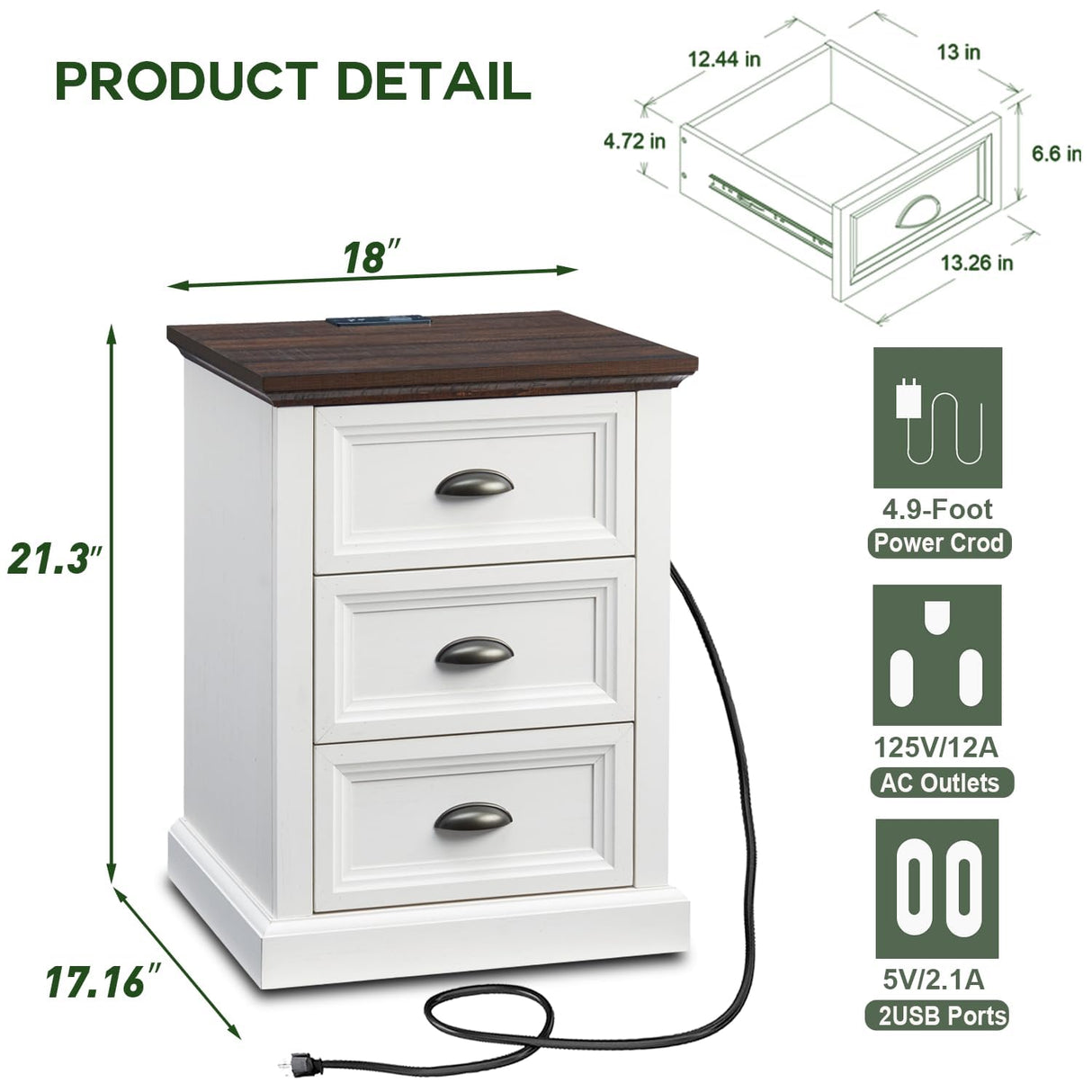 Farmhouse Nightstand with Charging Station, 3 Drawer Dresser for Bedroom