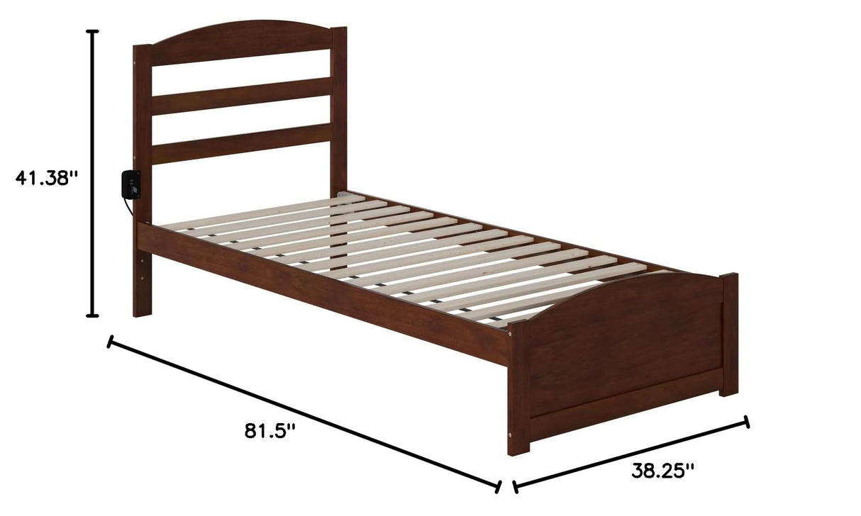Solid Wood Twin XL Bed with Footboard and USB Charger in Walnut