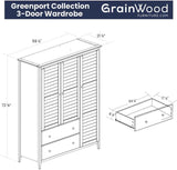 Greenport 3-Door Wardrobe, Solid Wood with Brushed Driftwood Finish