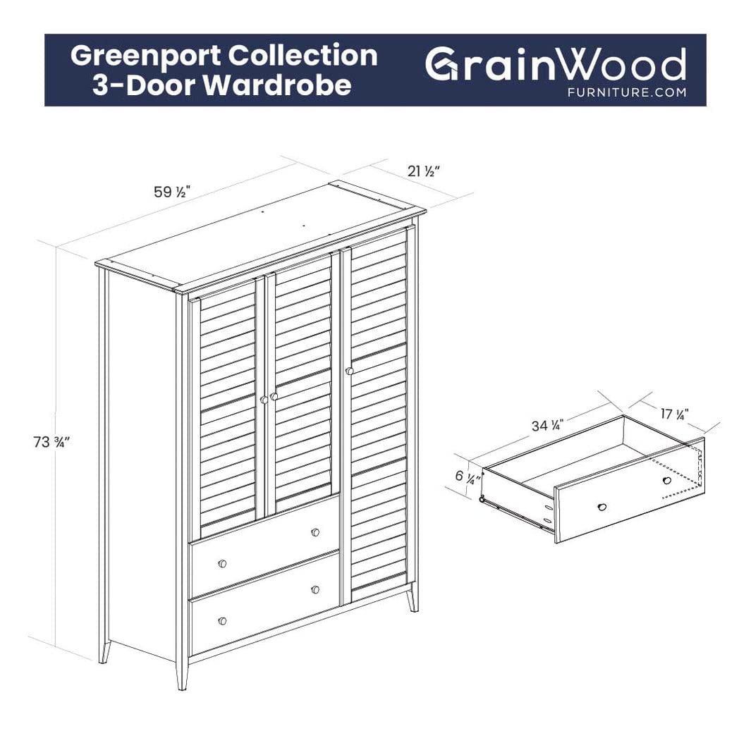 Greenport 3-Door Wardrobe, Solid Wood with Brushed Driftwood Finish