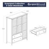 Greenport 3-Door Wardrobe, Solid Wood with Brushed Driftwood Finish