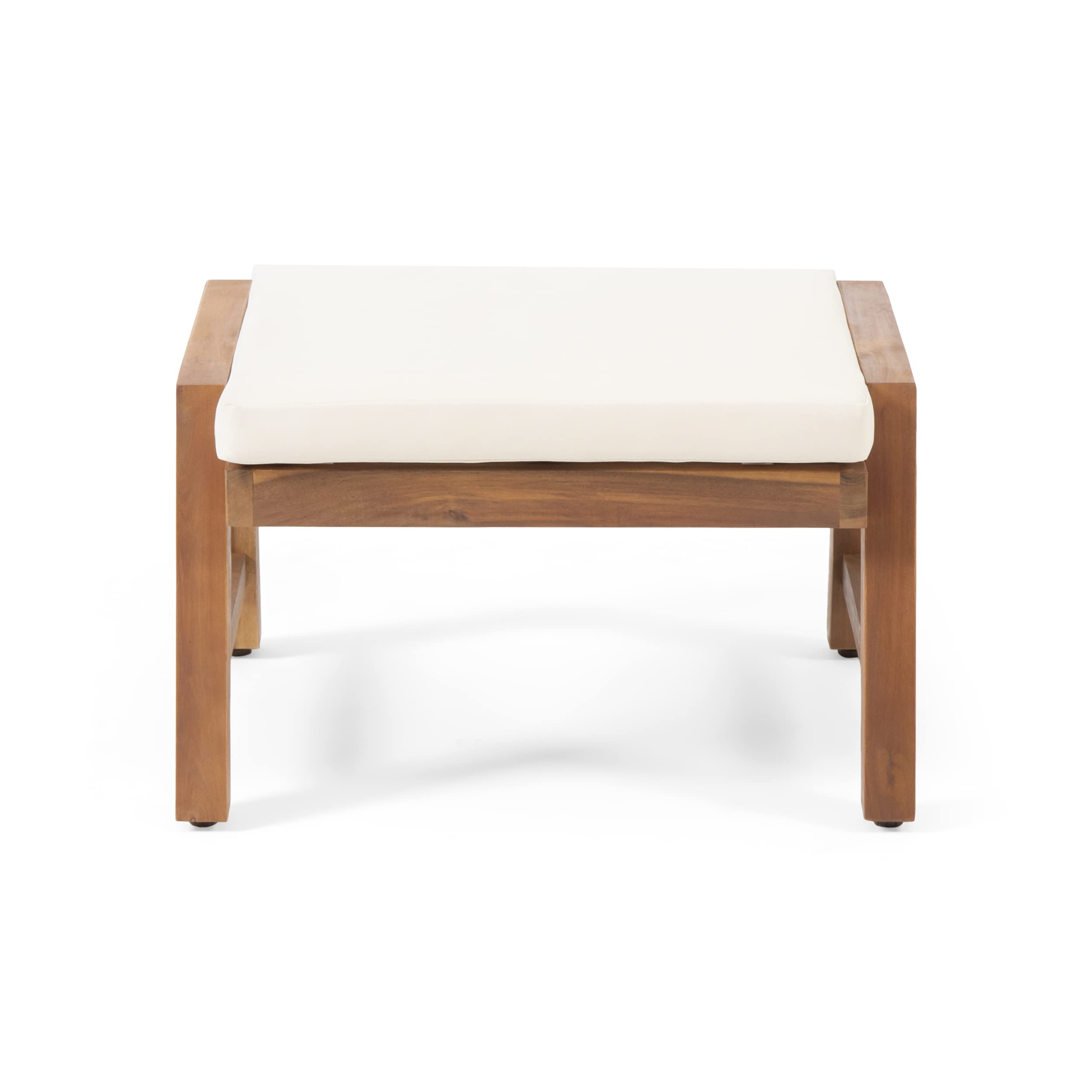 Temecula Outdoor Ottomans with Cushion (Set of 2) - Acacia Wood - Brown/Cream