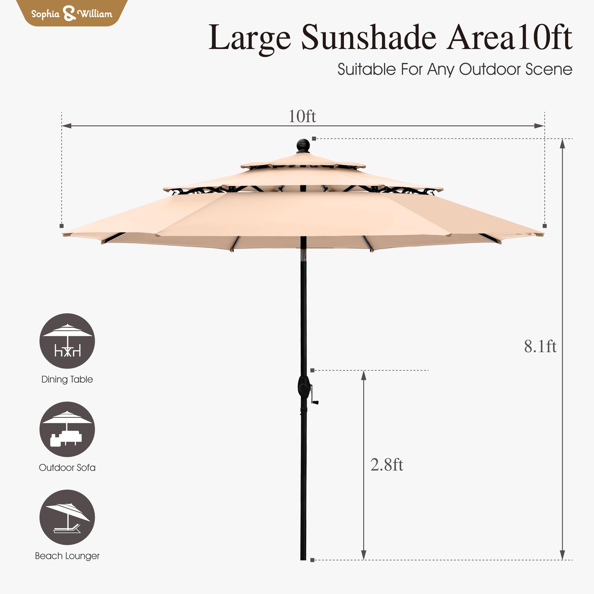 Sophia & William 10ft 3 Tier Auto-tilt Patio Umbrella, Outdoor Double Vented Umbrella with Crank, Beige