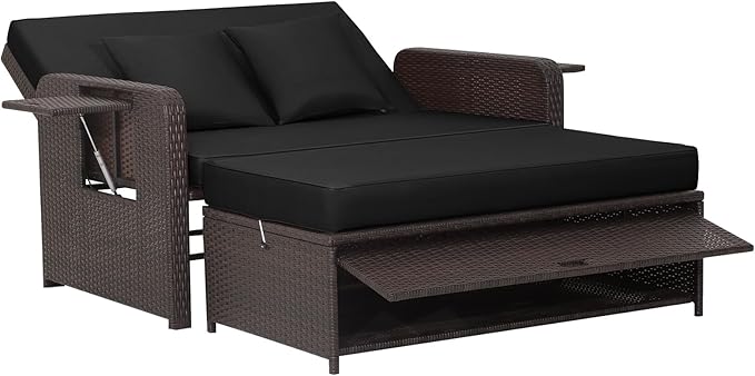 Patio Rattan Daybed Set, Wicker Loveseat Sofa w/Multipurpose Ottoman & Retractable