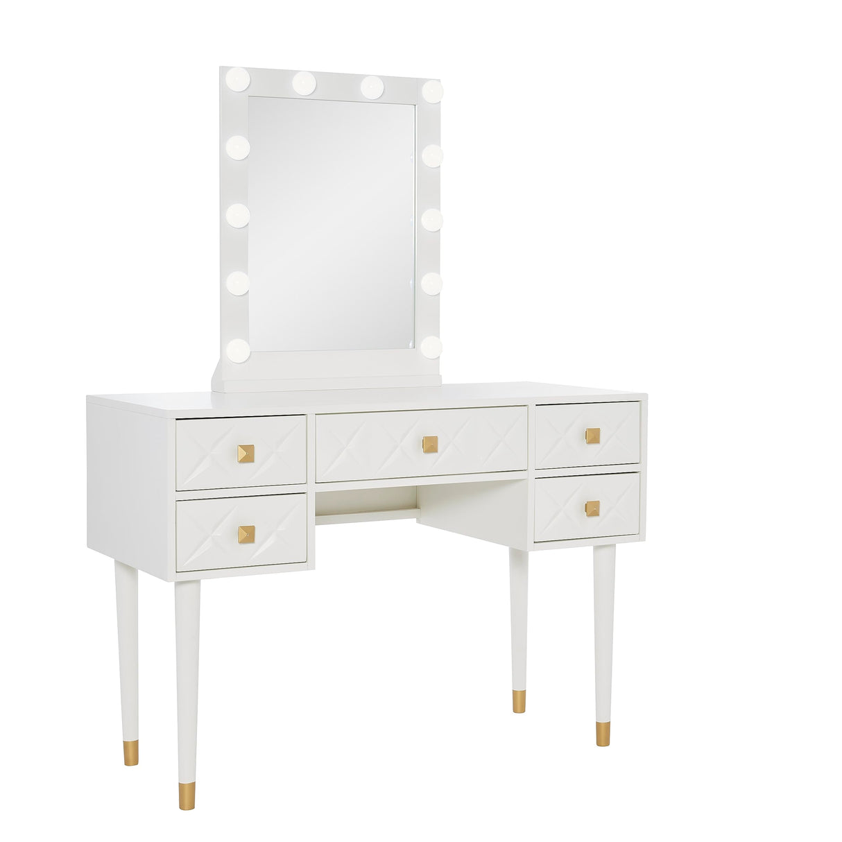 Makeup Vanity Two Piece Set with Lighted Glam Mirror Accents, White and Gold