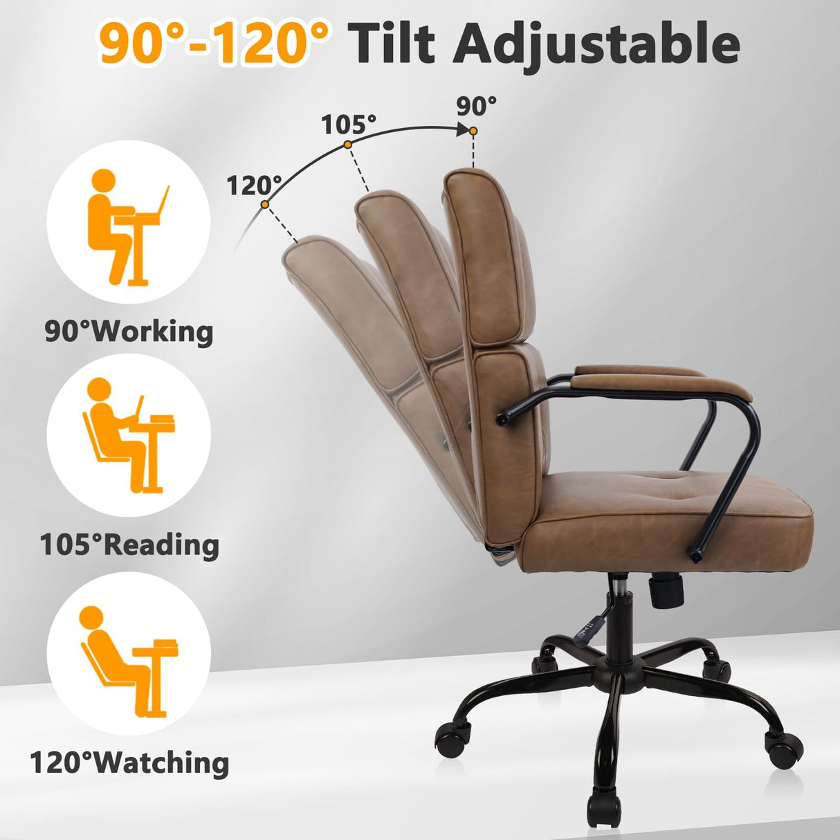 Heavy Duty Leather Office Chair - Mid Century Modern Desk Chair with Lumbar Support, 450LBS