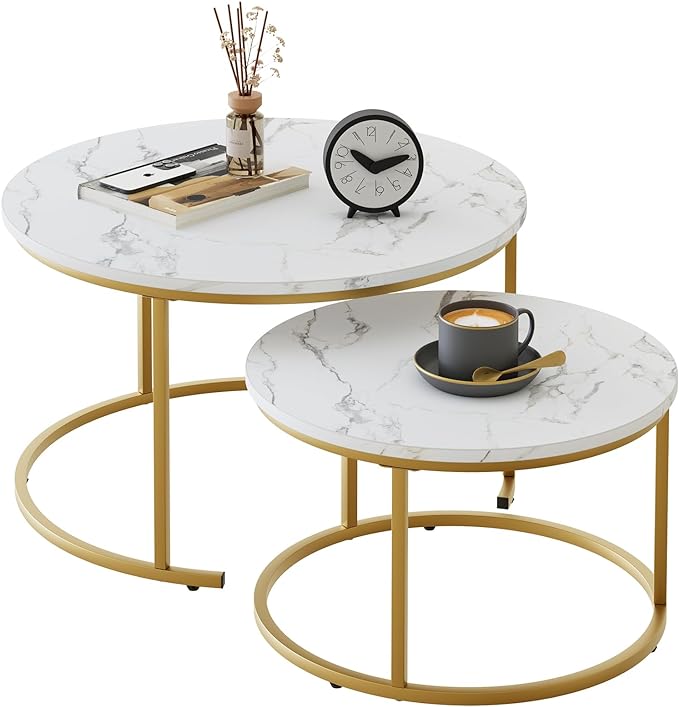 Round Coffee Table Set of 2 Modern Nesting Golden Frame Circular