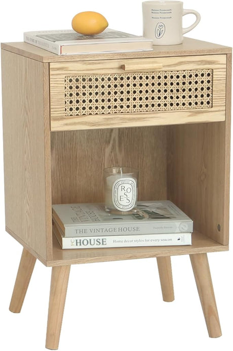 Modern Nightstand Rattan Side End Table with Storage, for Living Room, Bedroom and Small Spaces,