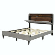 Upholstered Platform Bed with Storage Headboard and Sensor Light Beige - Queen