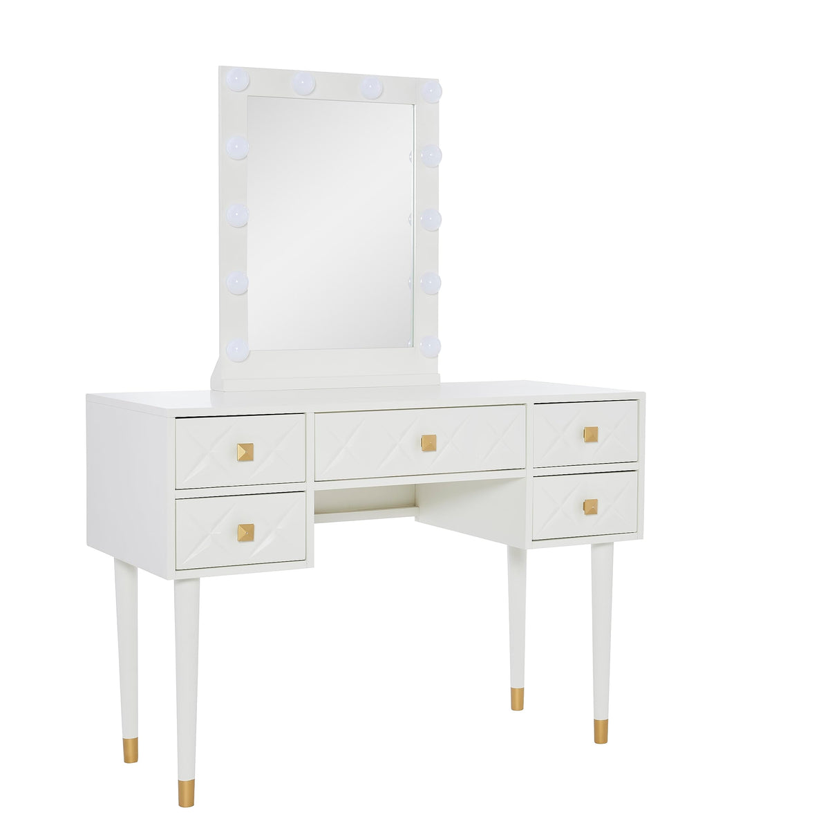 Makeup Vanity Two Piece Set with Lighted Glam Mirror Accents, White and Gold