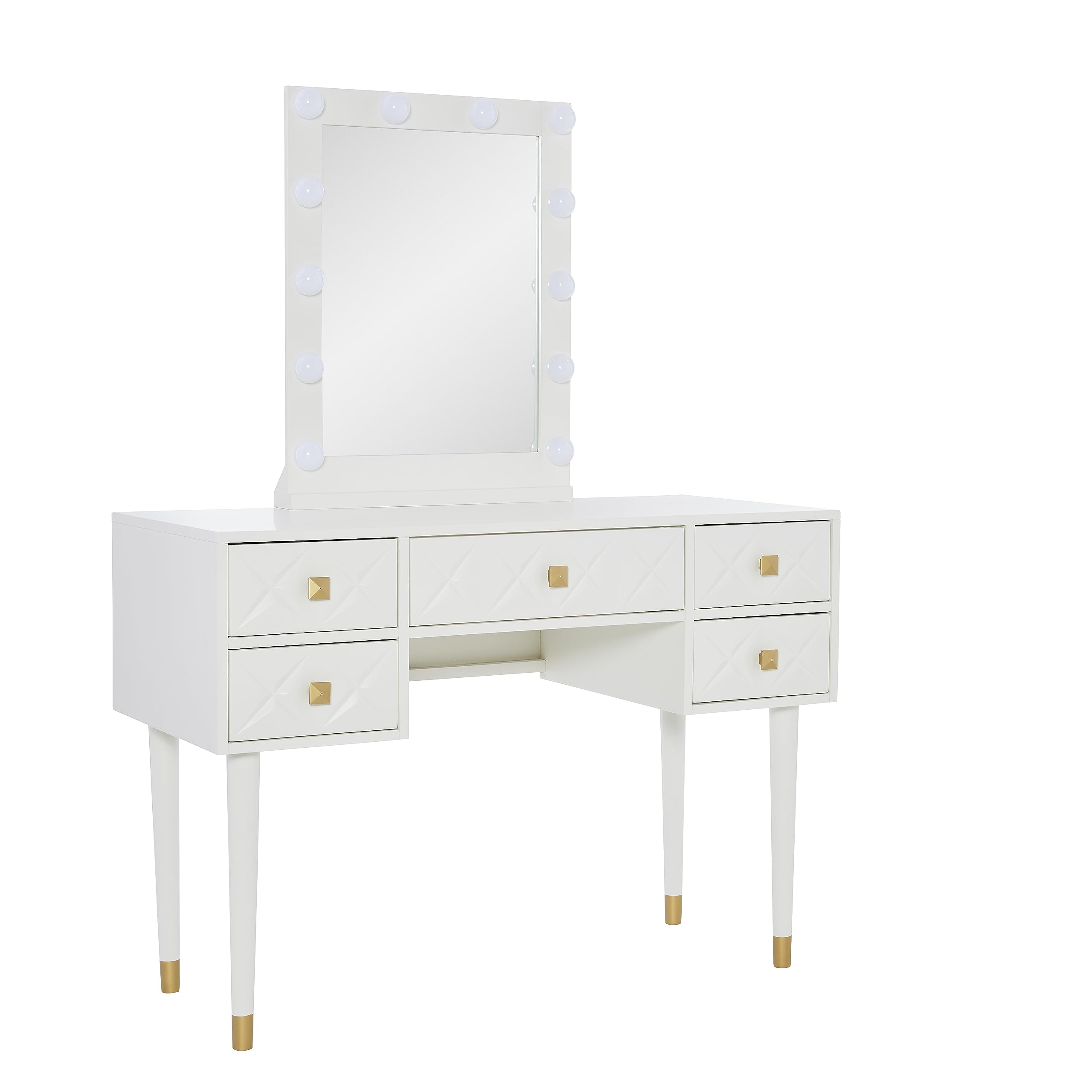 Makeup Vanity Two Piece Set with Lighted Glam Mirror Accents, White and Gold