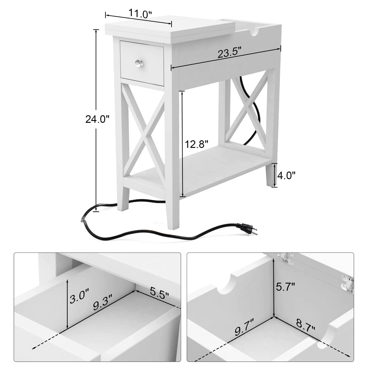 End Table with Charging Station, Narrow Side Table with USB Ports and Outlets