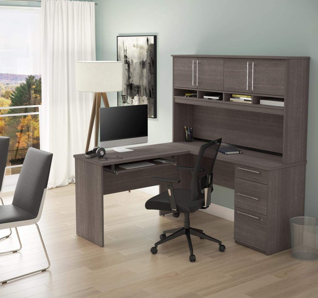 Innova L-Shaped Desk with Hutch, 60W, Bark Grey