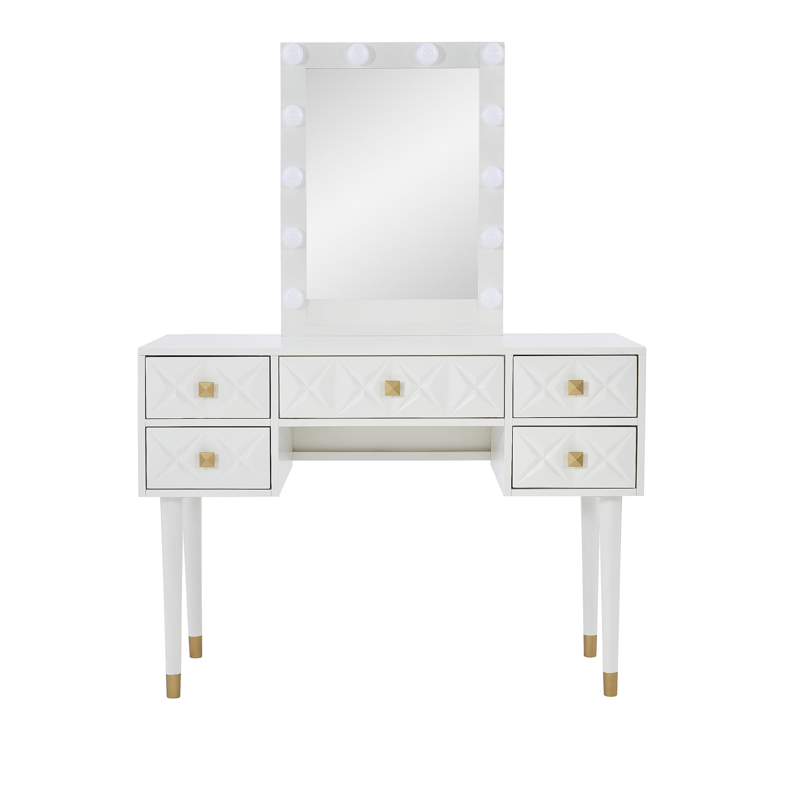 Makeup Vanity Two Piece Set with Lighted Glam Mirror Accents, White and Gold