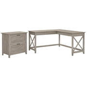Key West 60W L Shaped Desk with 2 Drawer Lateral File Cabinet in Washed Gray