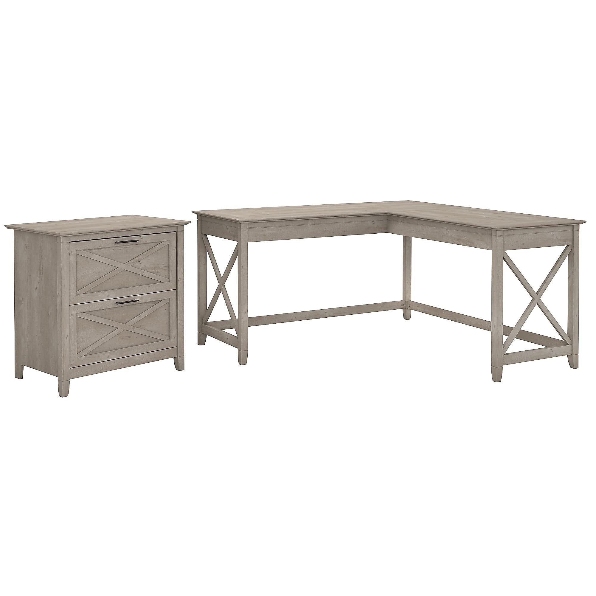 Key West 60W L Shaped Desk with 2 Drawer Lateral File Cabinet in Washed Gray