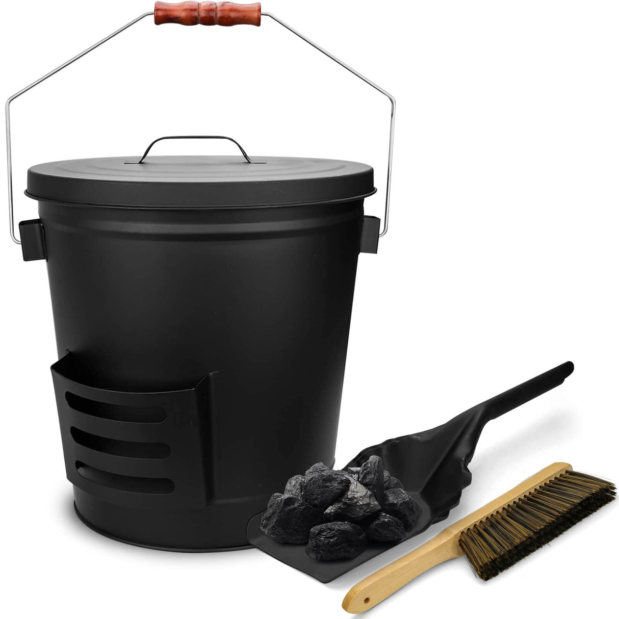 Ash Bucket with Lid, Shovel and Hand Broom, 5.2 Gallon Coal Bucket for Fireplace