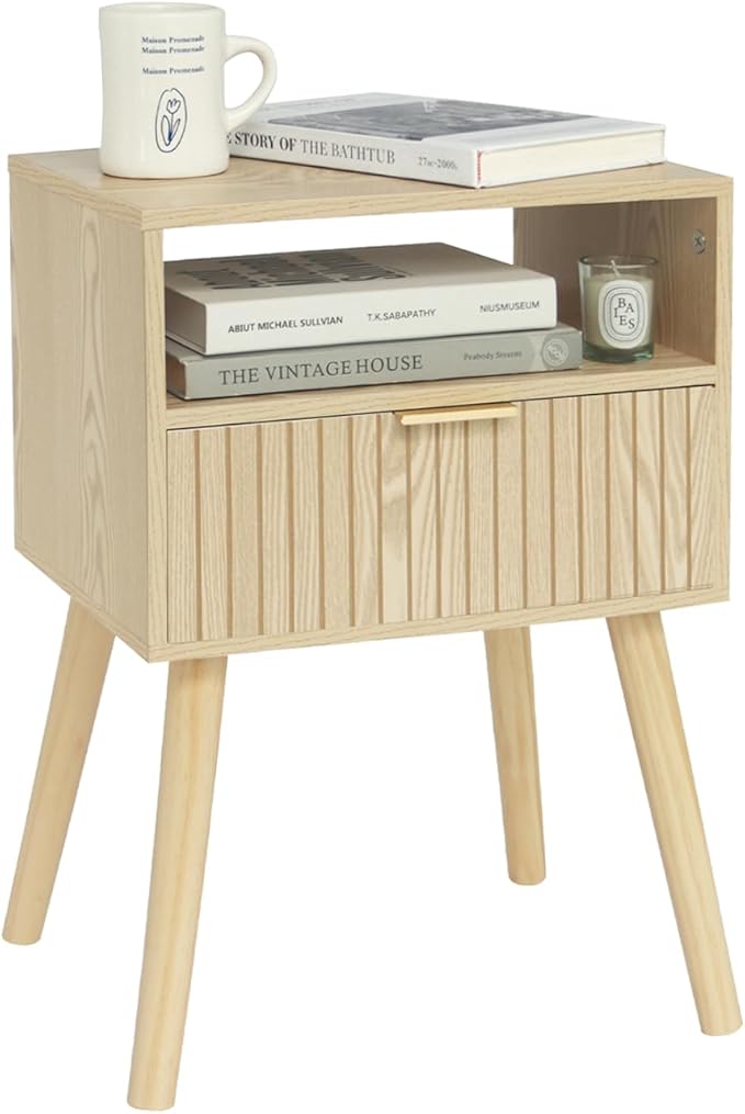 Nightstand with Charging Station, Wood Bedside Table with Drawer, Modern End Table for