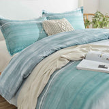 Queen Size Comforter Set, Blue, Grey and Teal Striped Pattern Print Reversible Down