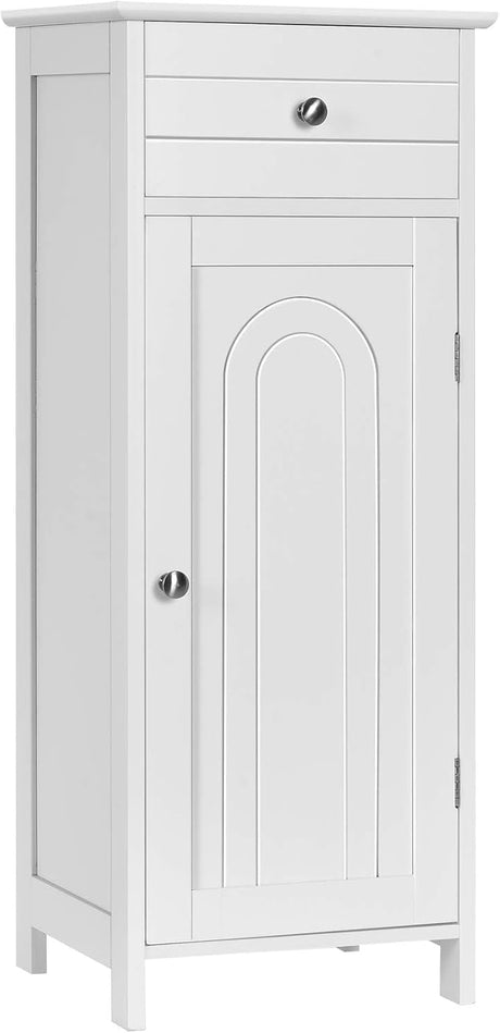 Bathroom Floor Cabinet, Wooden Side Storage Organizer, Free-Standing Single Door Floor Storage Cabinet with Large Drawer & 2 Adjustable Shelves for Living Room Kitchen (White)