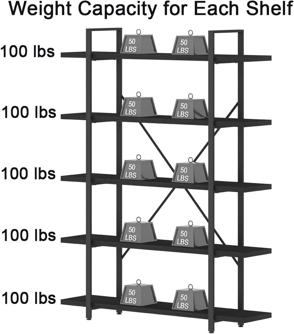 HSH 5 Tier Tall Black Bookshelf, Wood and Metal Storage Book Rack, Industrial Modern Etagere 5 Shelf Bookcase, Large Wide Open Display Book Shelf for Bedroom Living Room Office, Bookshelves Heavy Duty