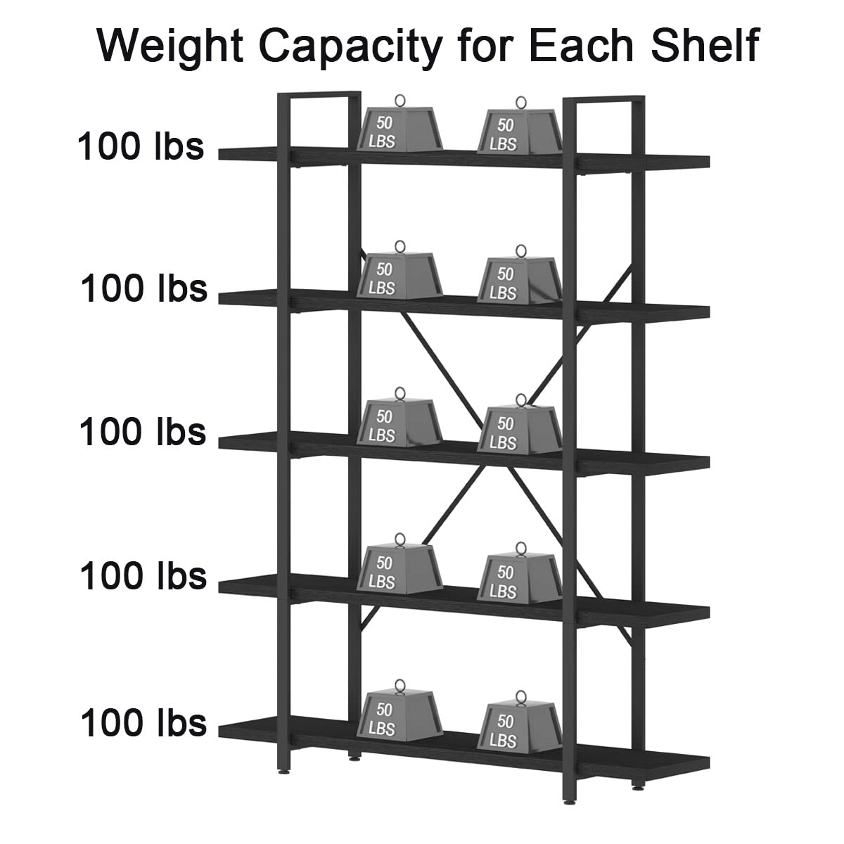 HSH 5 Tier Tall Black Bookshelf, Wood and Metal Storage Book Rack, Industrial Modern Etagere 5 Shelf Bookcase, Large Wide Open Display Book Shelf for Bedroom Living Room Office, Bookshelves Heavy Duty