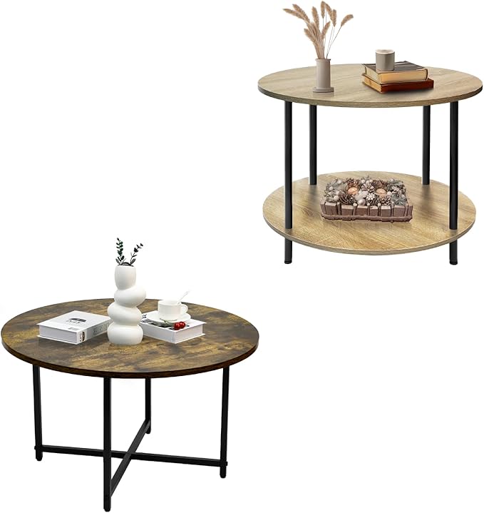 Set of 2 Coffee Table, 23.6" and 23.6" 2-Tier Table