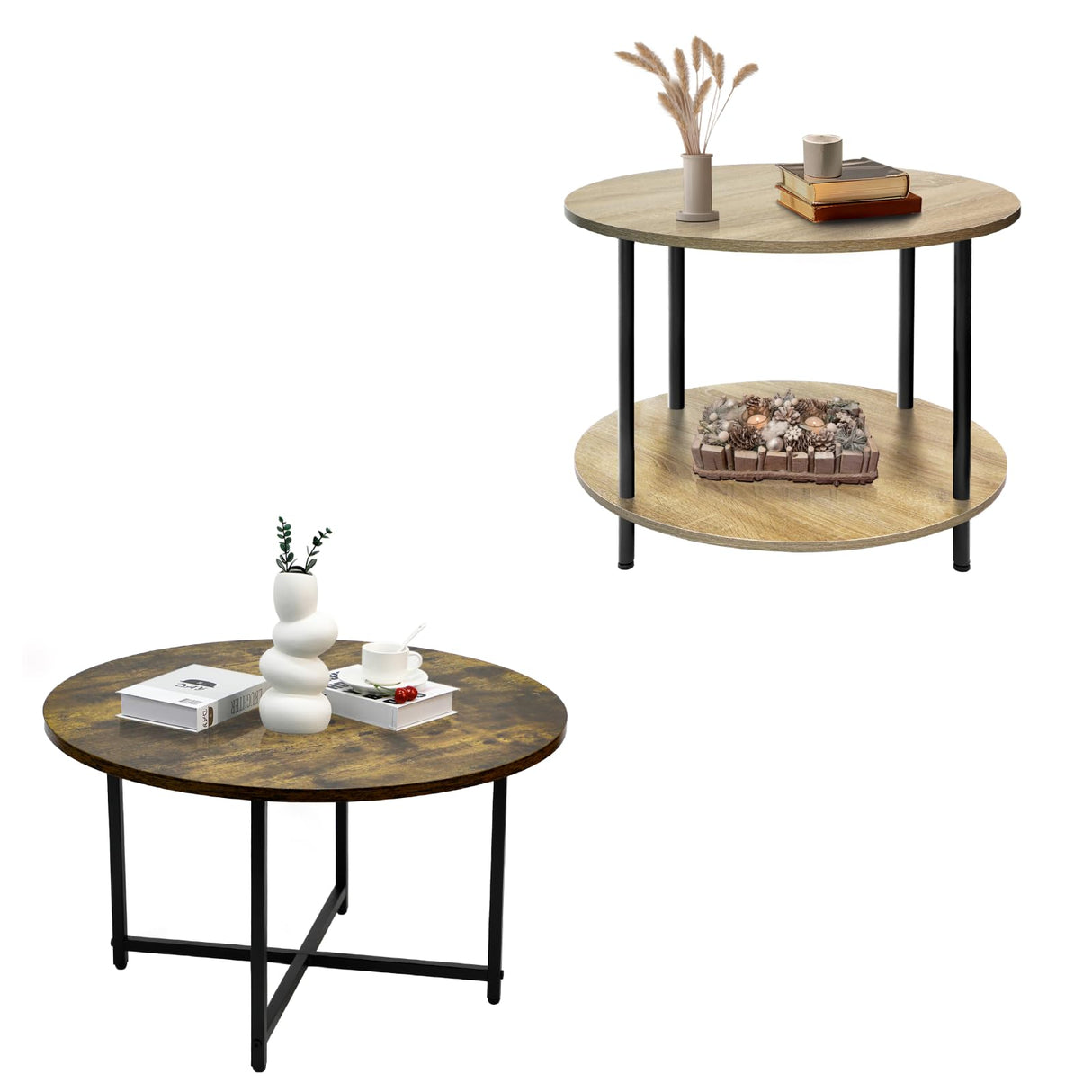 Set of 2 Coffee Table, 23.6" and 23.6" 2-Tier Table