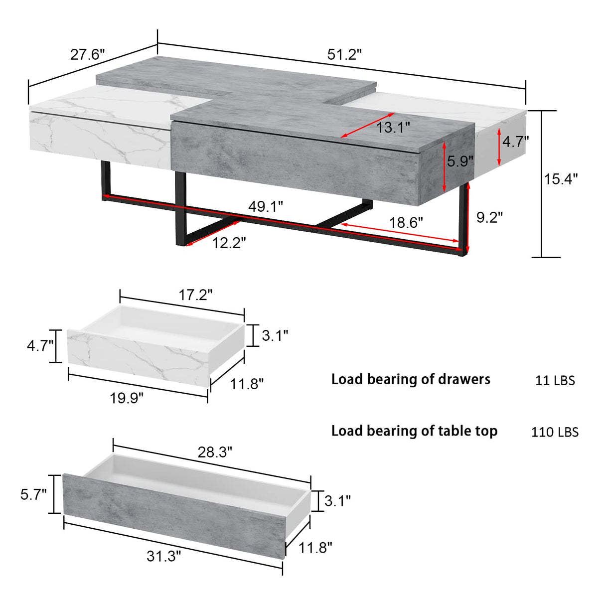 Modern Design Coffee Table with 4 Drawers & Metal Legs, Wood Center Table