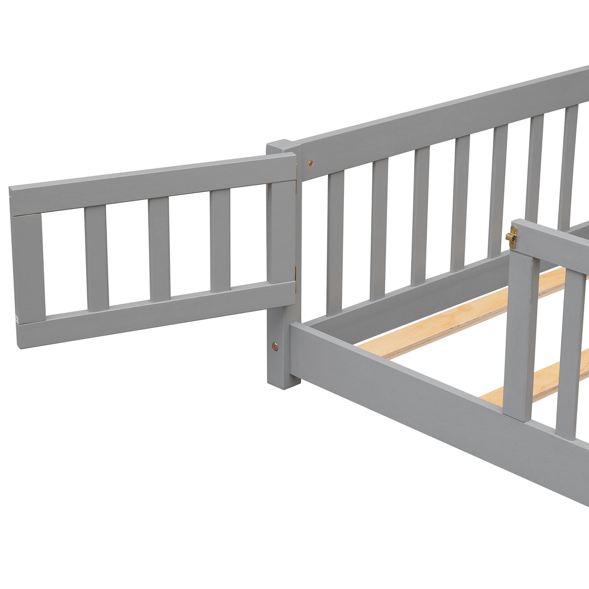 Platform Bed with Fence, Wooden Playpen Bed for Kids, Kids Fence Bed with Door, No Box Spring Needed (Grey)