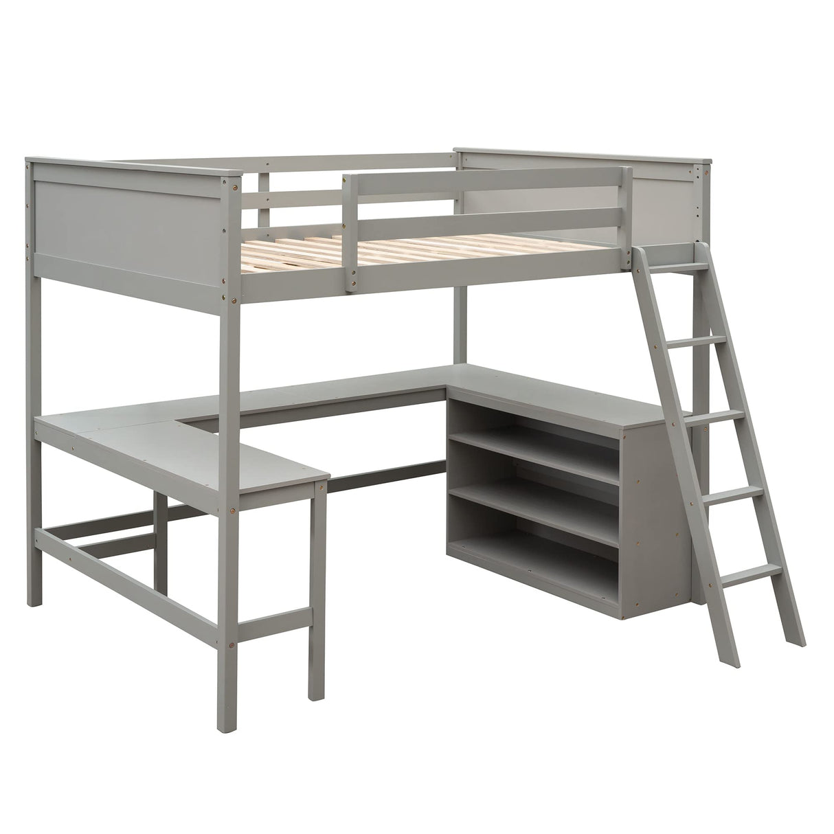 Loft Bed, Full Loft Bed with Desk and Shelves, Wooden Loft Bed Full with Desk Underneath