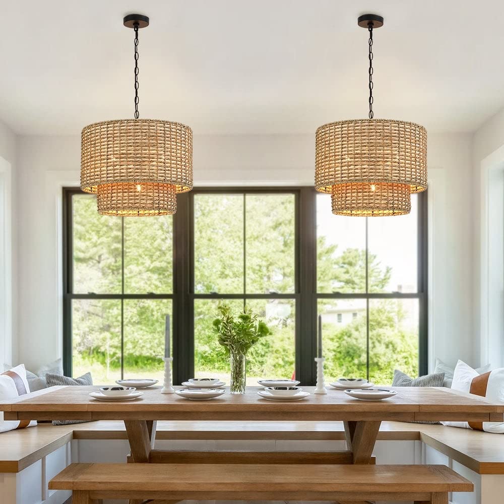 20 in. 4-Light Rattan Tiered Drum Chandelier Light with Black Canopy W Beige Bohemian