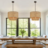 20 in. 4-Light Rattan Tiered Drum Chandelier Light with Black Canopy W Beige Bohemian