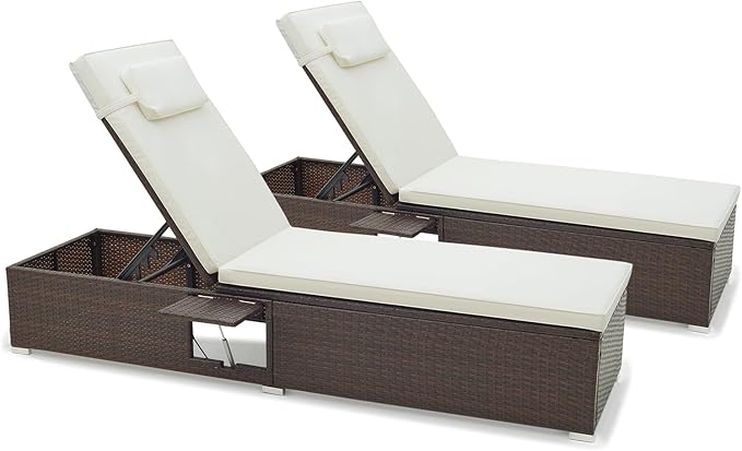 Patio Chaise Lounge Set of 2, Outdoor Rattan Lounge Chair with 6-Level Backrest